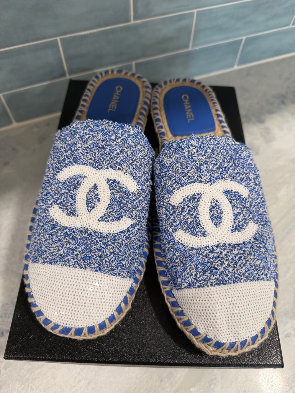 CHANEL Blue & White Logo Espadrille Mules